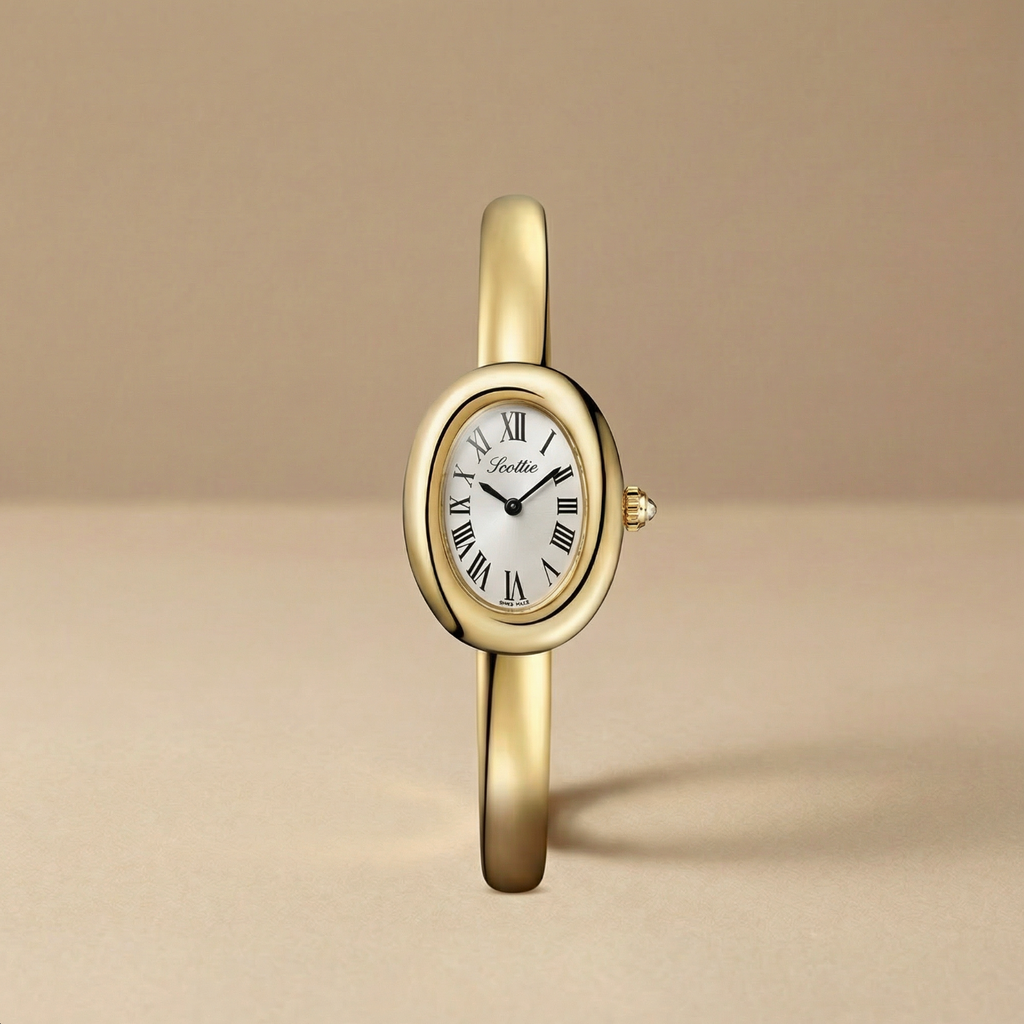 Gold wristwatch with white dial on a beige background