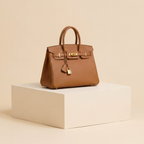 Brown handbag on a beige platform with a beige background