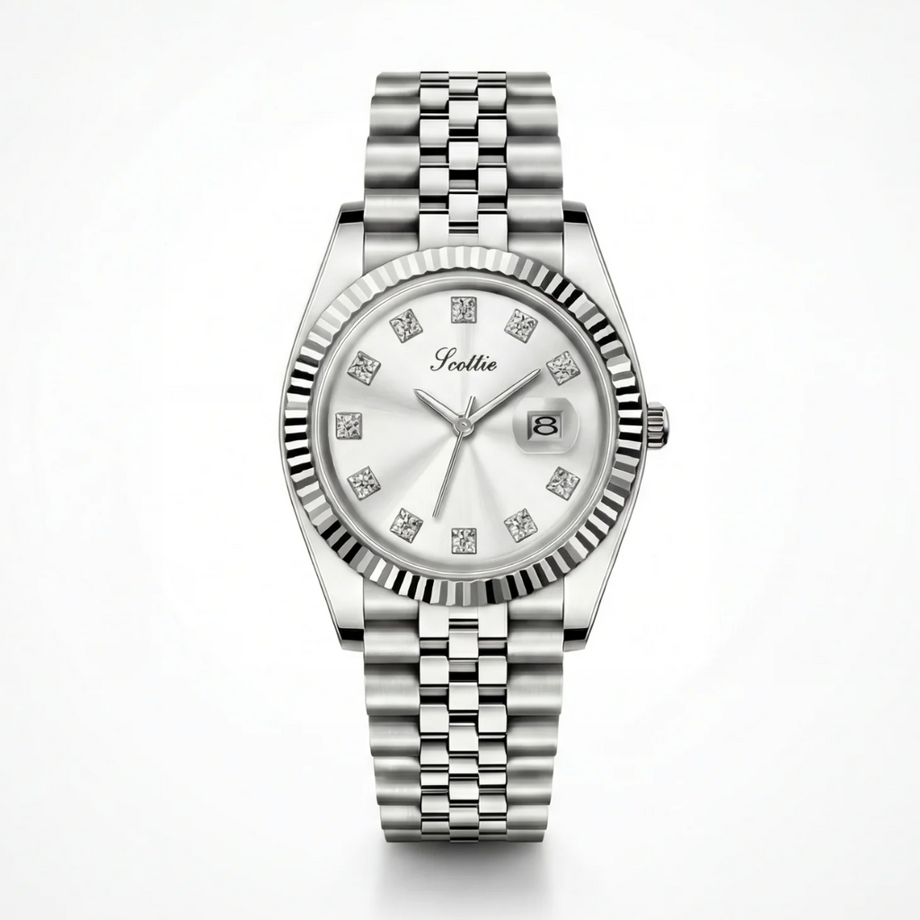 Silver watch with a white face on a light gray background