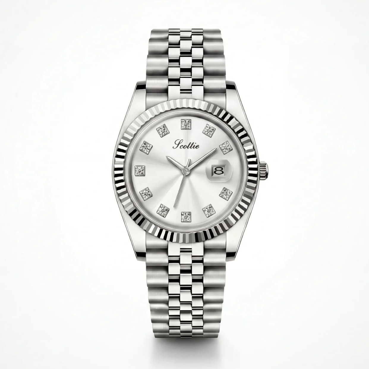 Silver watch with a white face on a light gray background
