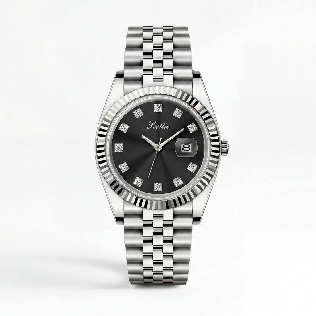 Silver watch with a black face on a white background