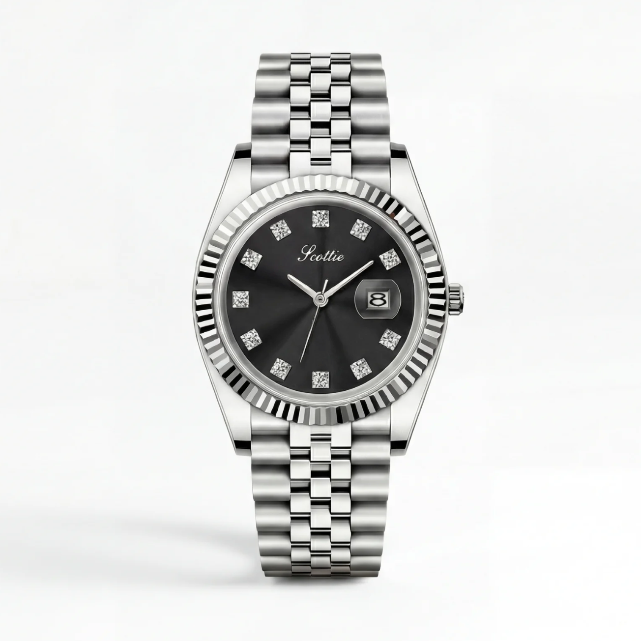 Silver watch with a black face on a white background