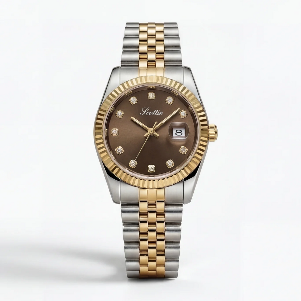 Two-tone watch with brown dial on a light gray background