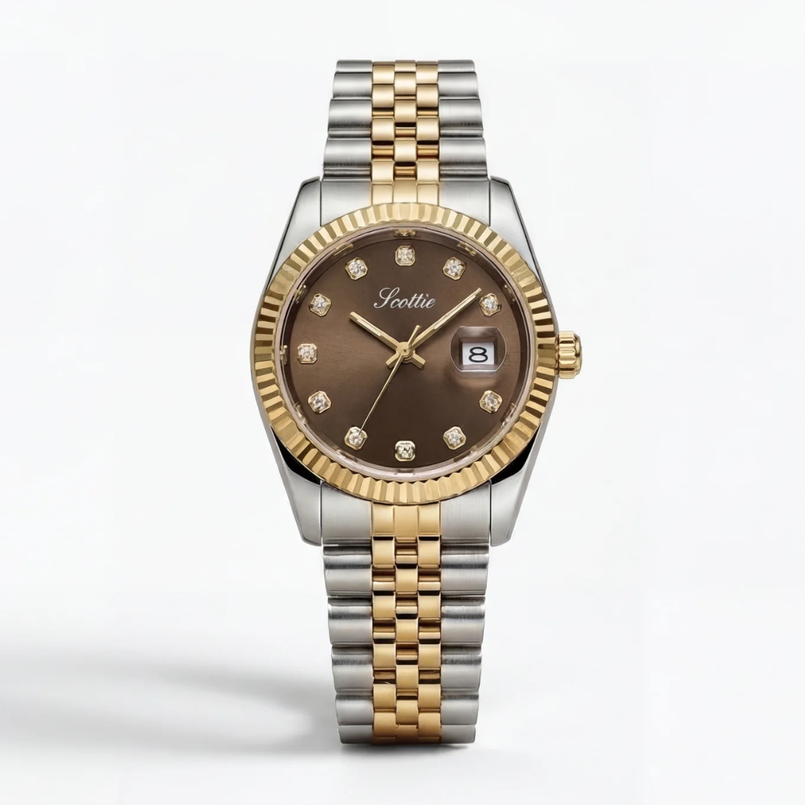 Two-tone watch with brown dial on a light gray background