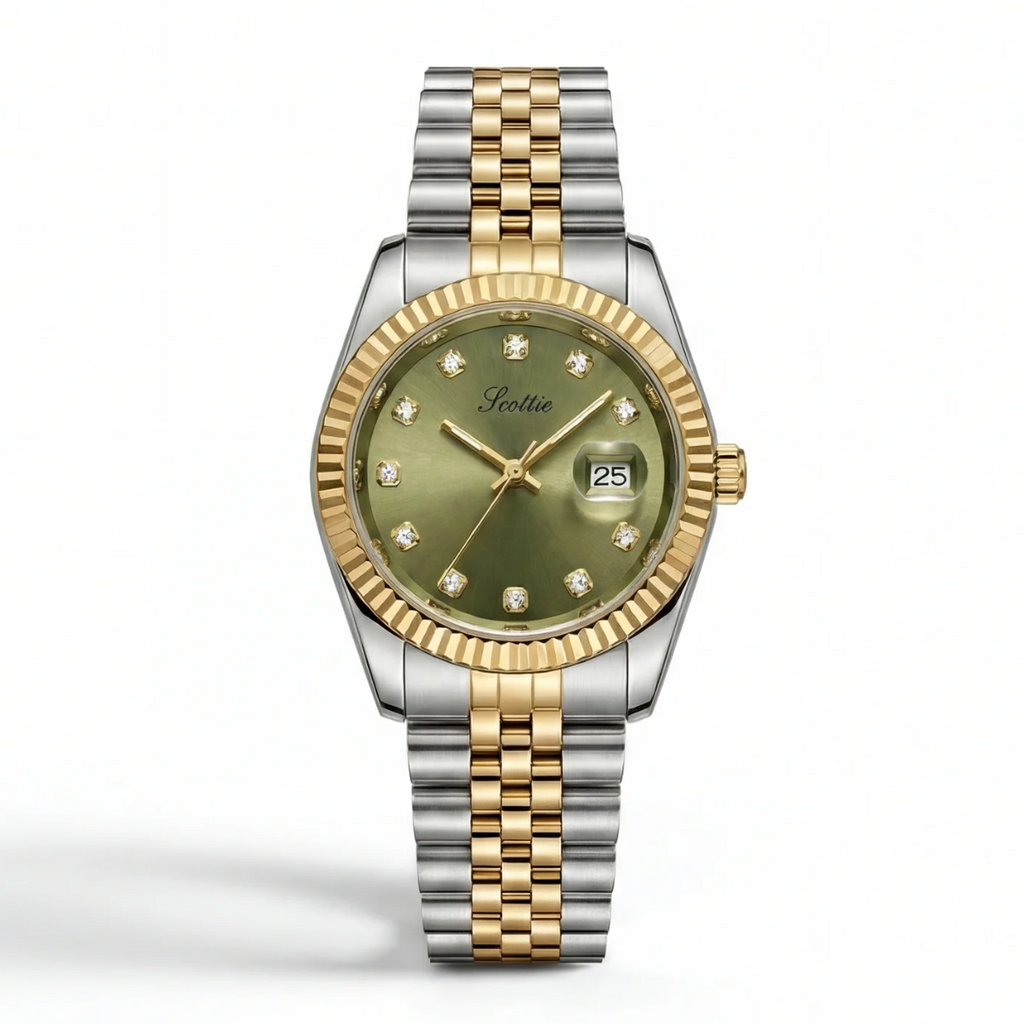 Two-tone watch with a green face on a white background