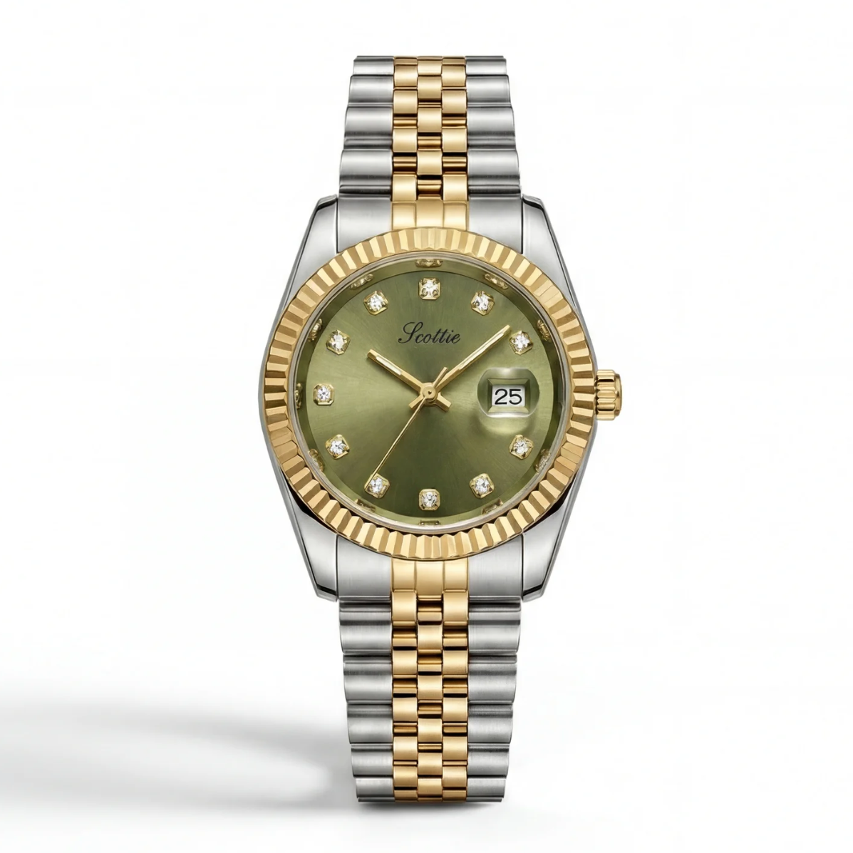 Two-tone watch with a green face on a white background