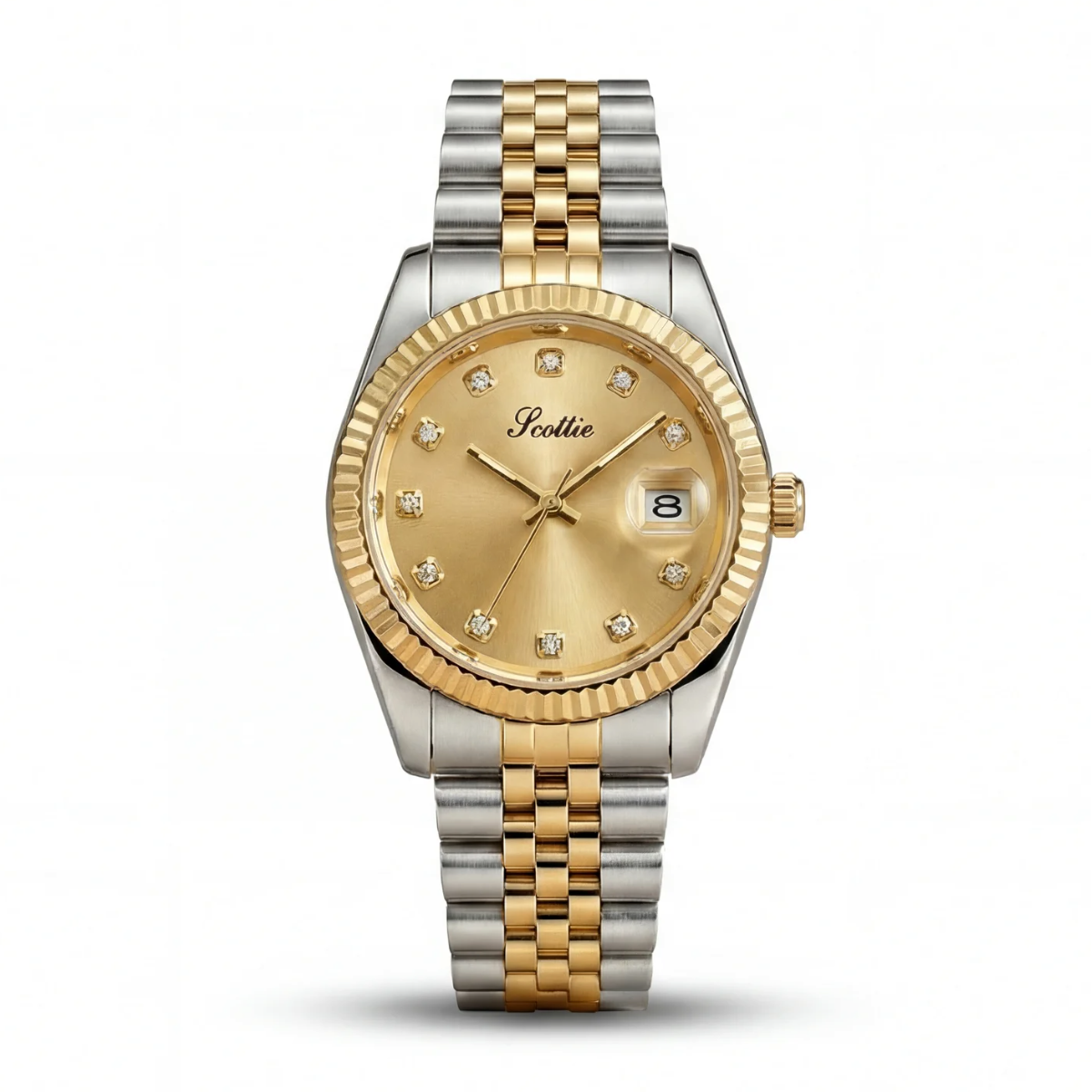 Two-tone watch with gold and silver band on a white background