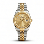 Two-tone watch with gold and silver band on a white background