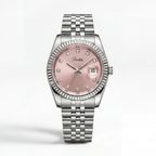 Watch with pink dial and silver bracelet on a white background