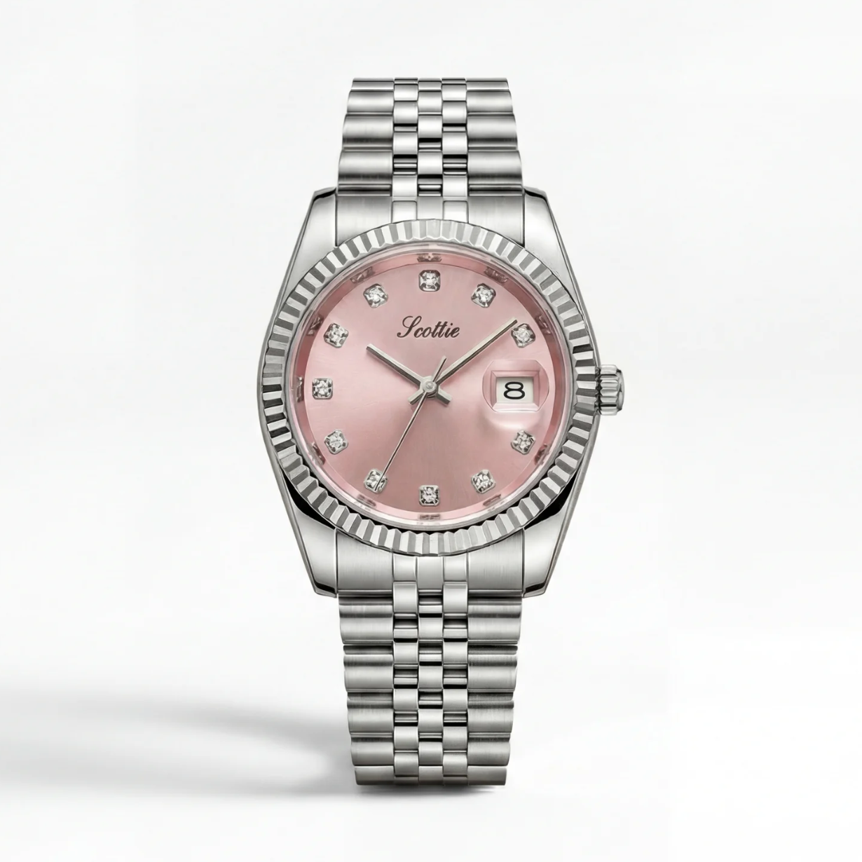 Watch with pink dial and silver bracelet on a white background