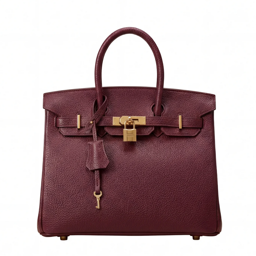 Brown leather handbag with gold hardware on a white background