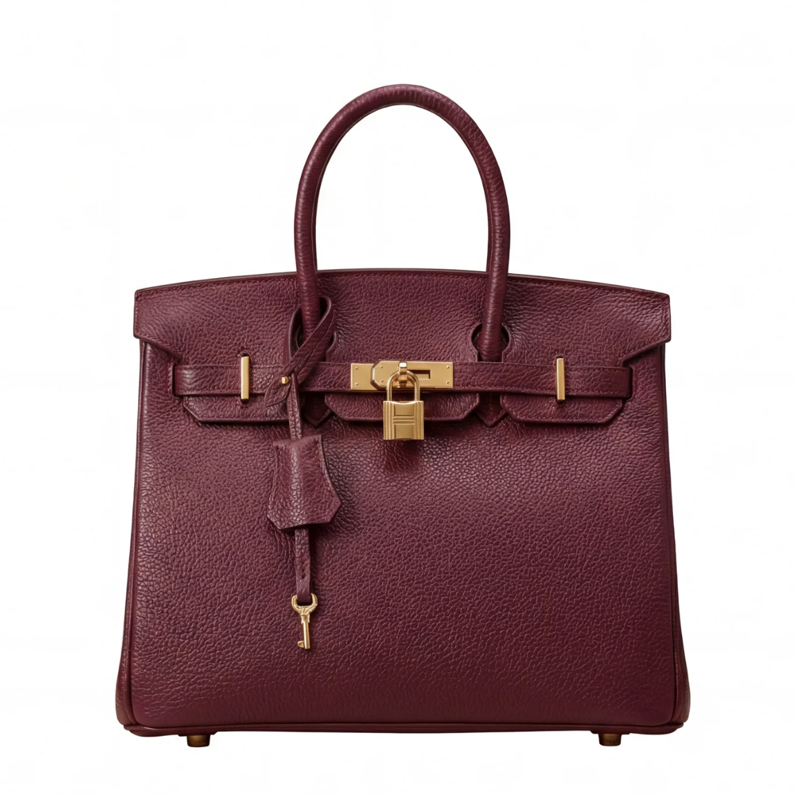 Brown leather handbag with gold hardware on a white background