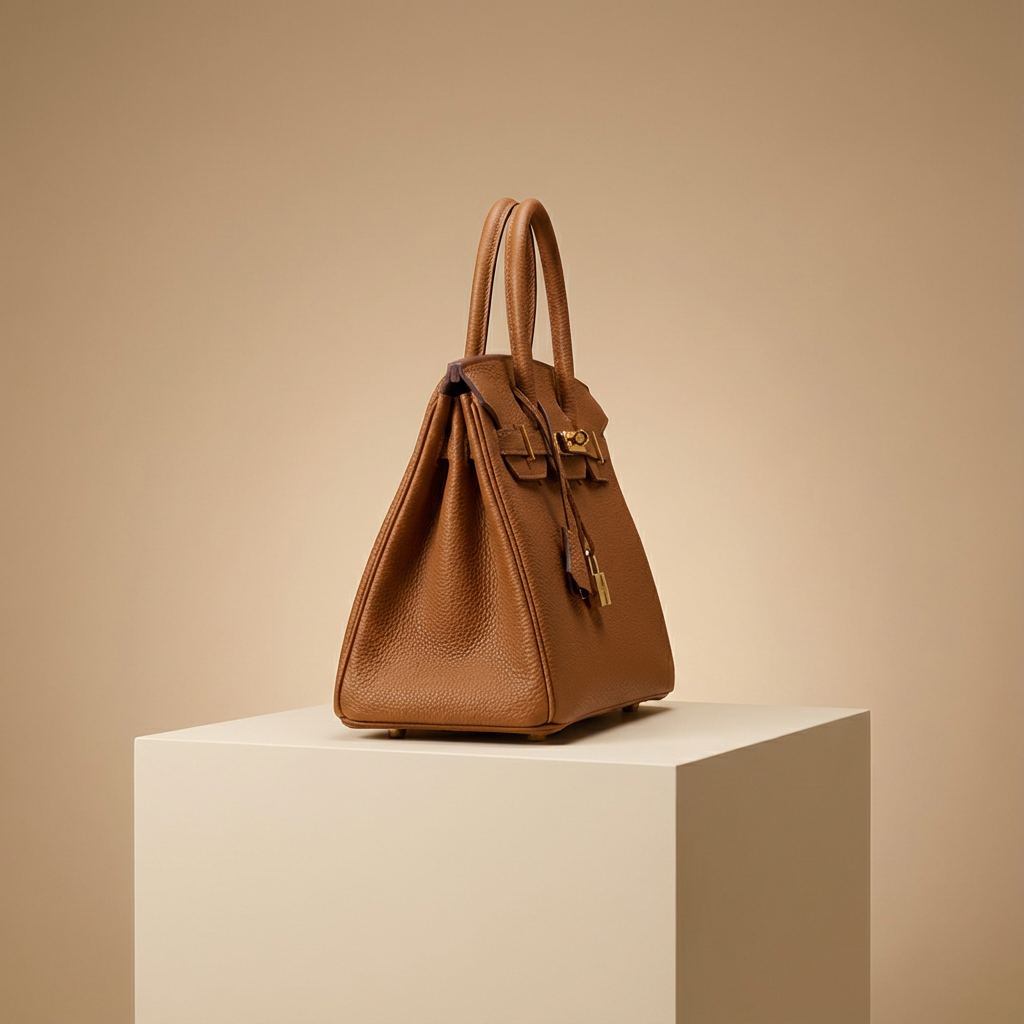 Brown leather handbag on a beige pedestal with a beige background